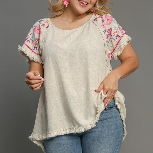 Embroidered Sleeves Linen Cotton Blend Round Neck w/ Frayed High Low Hem - Picture 11 of 14